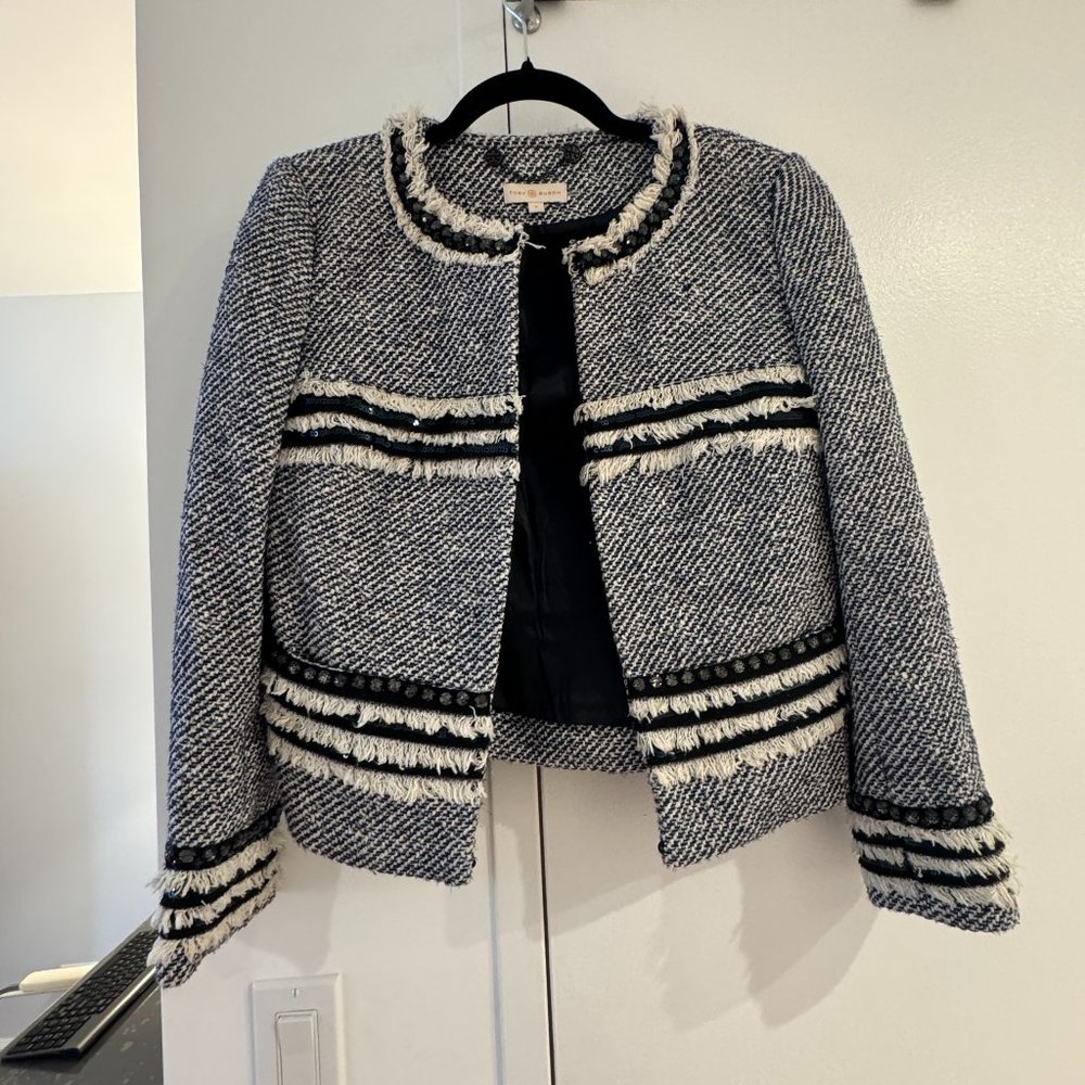 Tory Burch Rosemary Blue White Boucle Fringe Trim Jacket